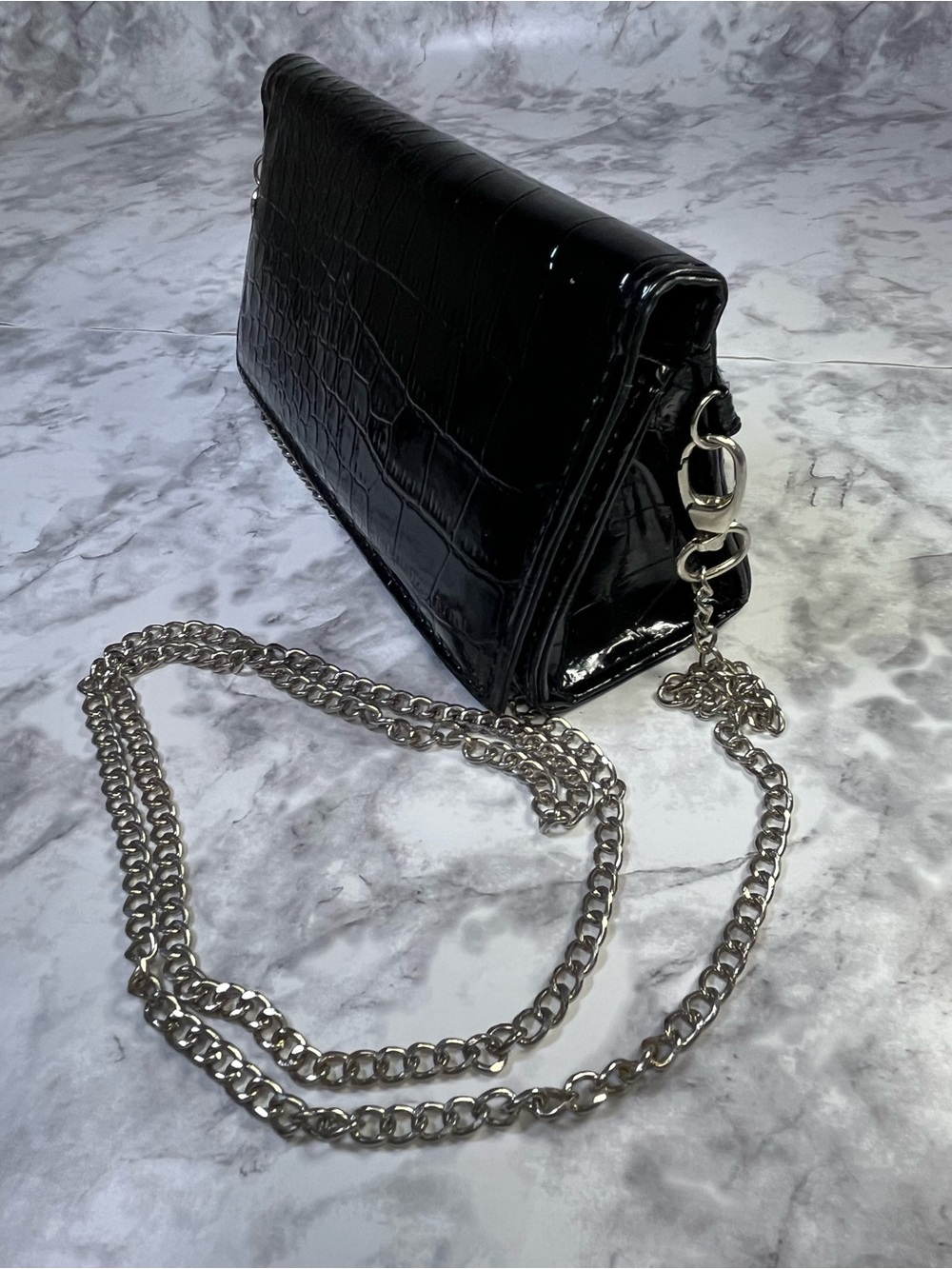Classic Black Patent Crossbody Wallet with Silver Chain